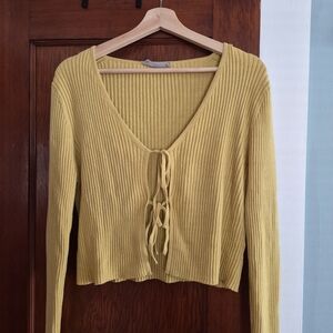 Everlane Ribbed Lace-Up Cropped Cardigan in Mustard Yellow